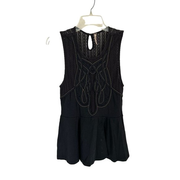 Free People Embroidered Top Blouse Cotton Spandex Peplum Lace Black - Picture 1 of 8